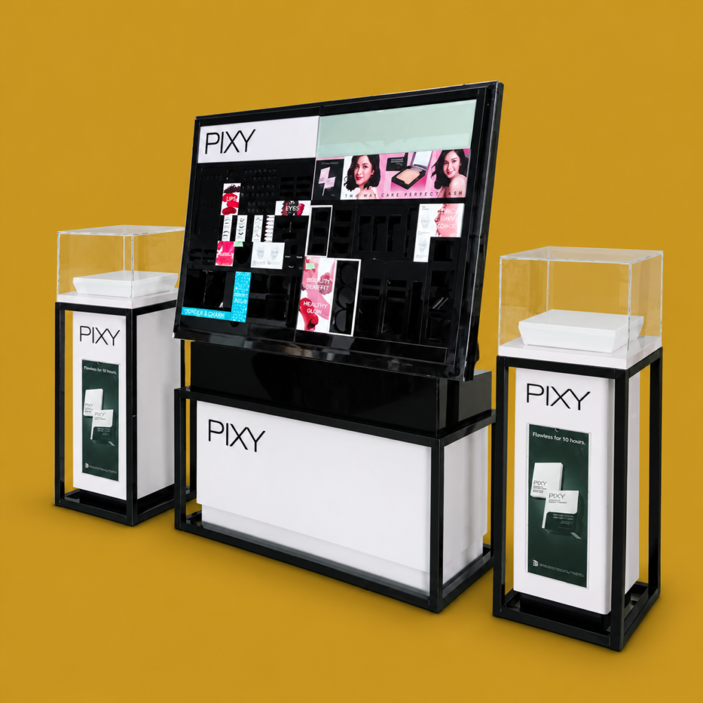 pixy cosmetics display on mustard gold